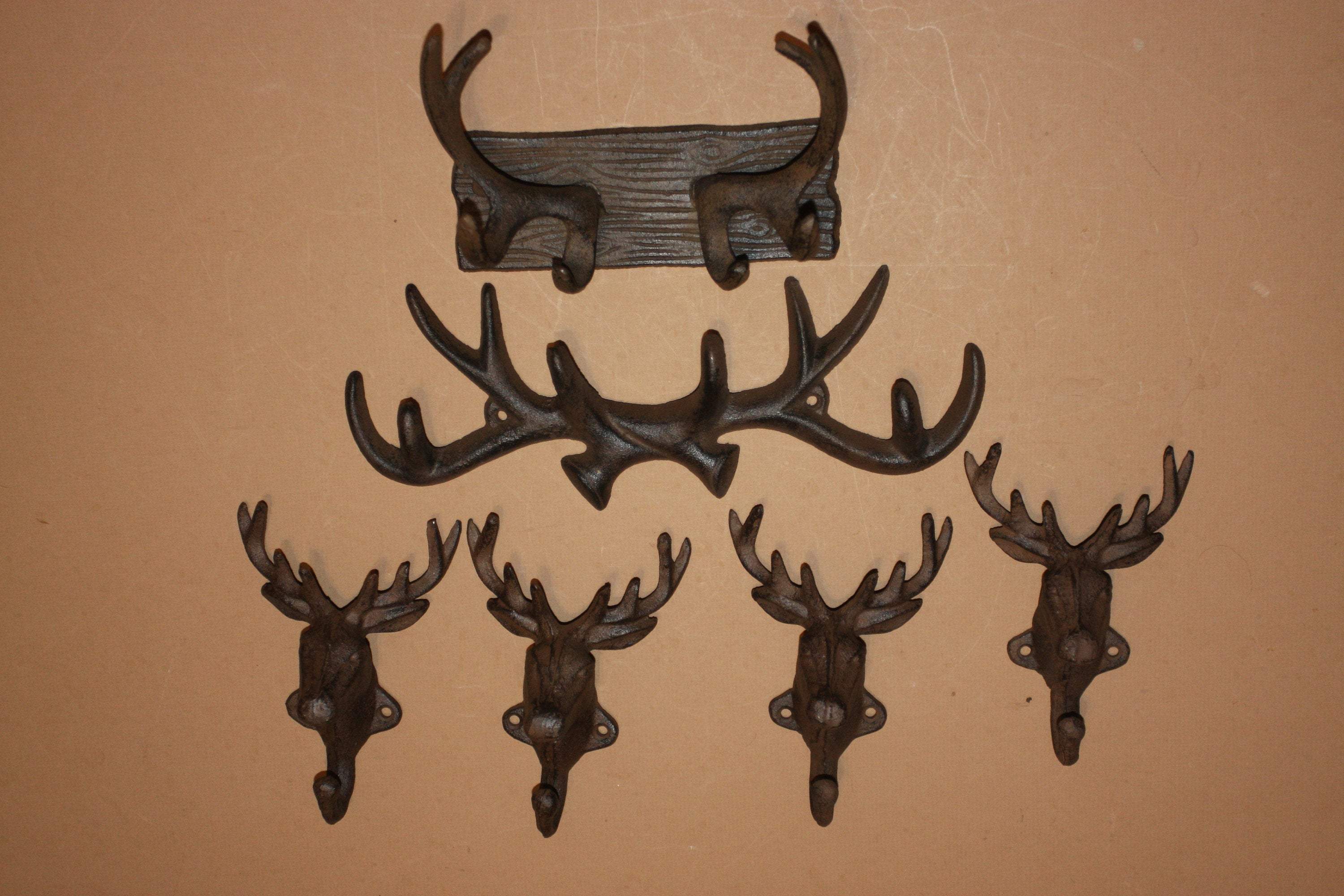 6) Unique Deer Hunter Cast Iron Decor Wall Mounted Antler Deer Head Wall Hooks, Mudroom, Mancave, Deerlease Cabin Rustic decor