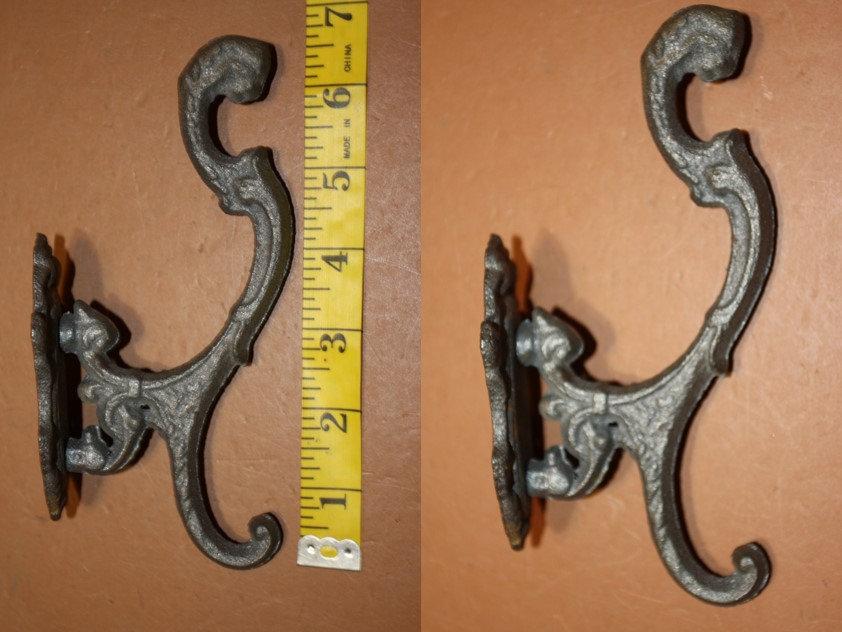 Fancy Victorian Swirl Coat Hat Double Hooks, Top Hat Hook & Bottom Coat Hook, Cast Iron 6 1/2&quot; tall, Unfinished ~ You paint, H-09