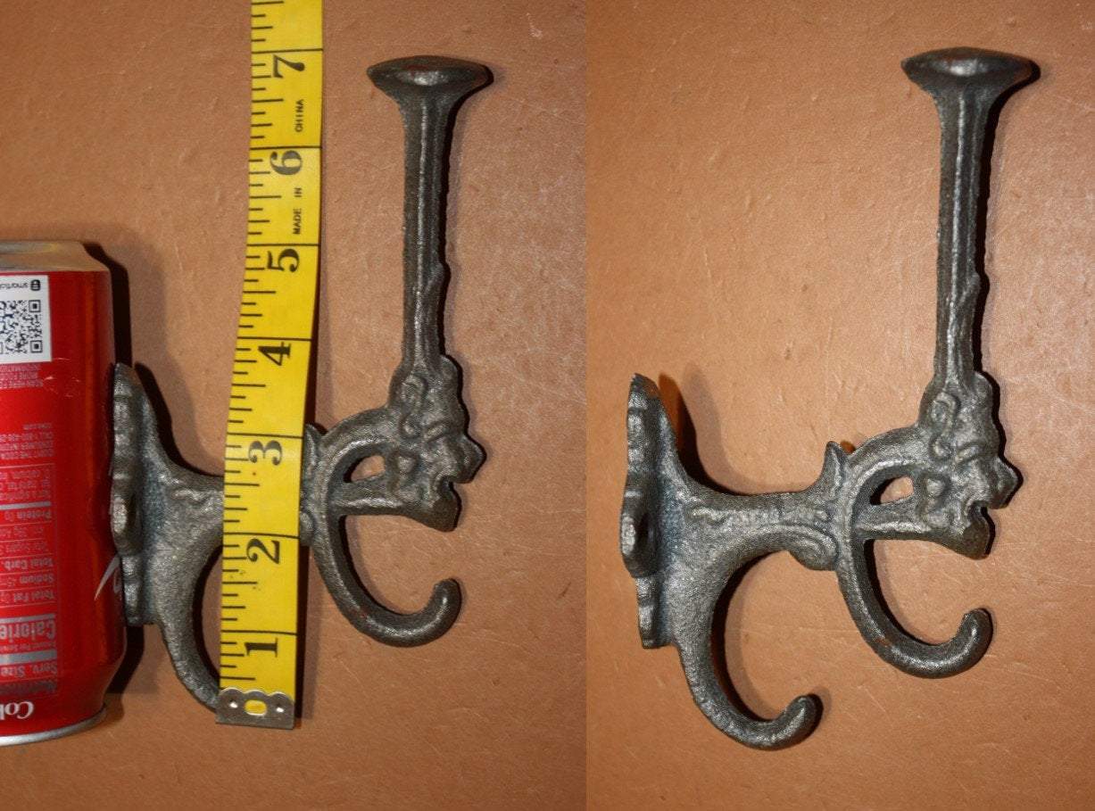 Coat Hat Purse Scarf Triple Wall Hook, Victorian Design, 6 1/2&quot; tall, Unfinished You Paint Cast Iron ~ H-10