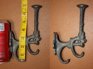 Coat Hat Purse Scarf Triple Wall Hook, Victorian Design, 6 1/2&quot; tall, Unfinished You Paint Cast Iron ~ H-10
