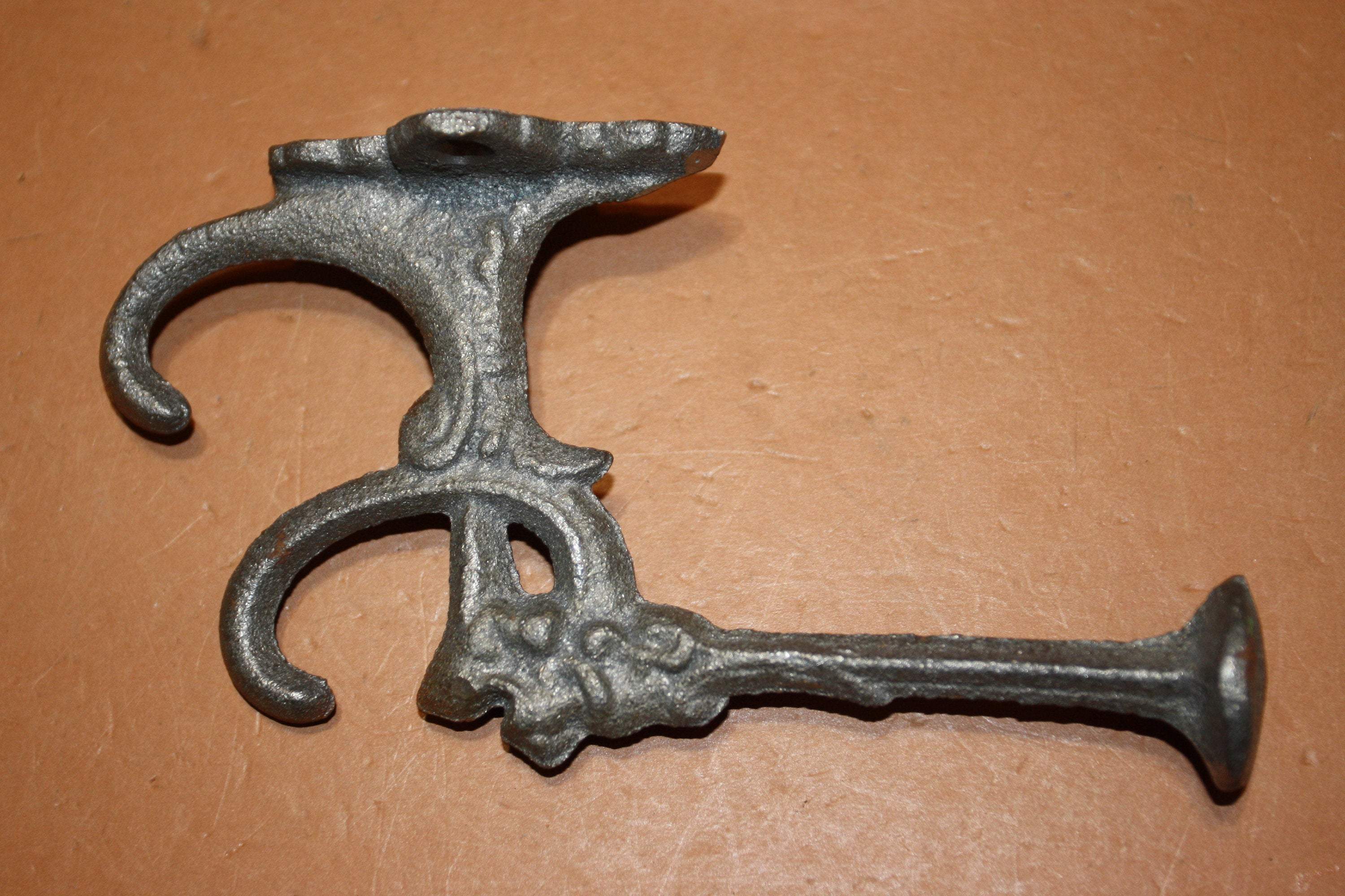 Coat Hat Purse Scarf Triple Wall Hook, Victorian Design, 6 1/2&quot; tall, Unfinished You Paint Cast Iron ~ H-10