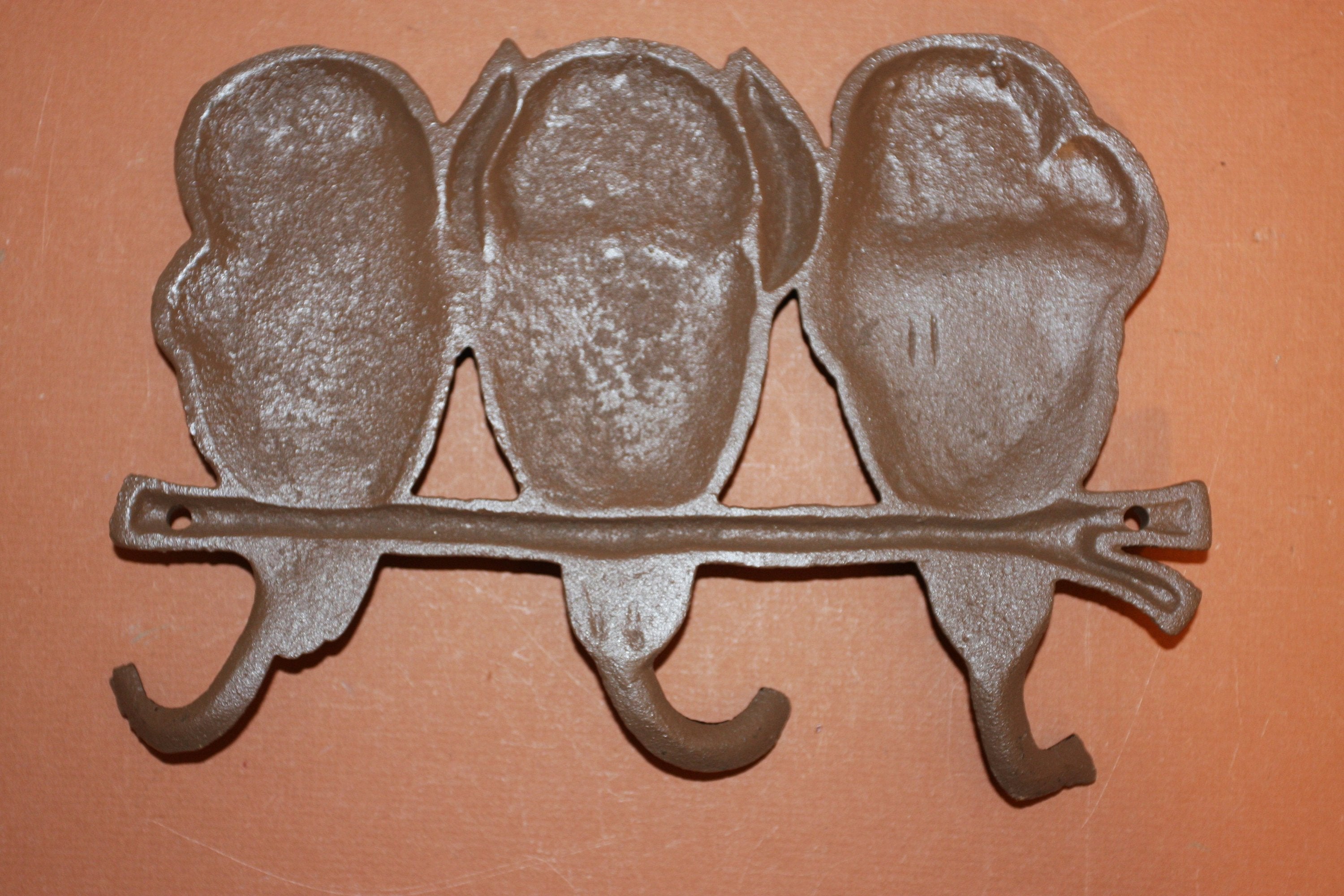 Owl Wall Hooks~ Hear No Evil, Speak No Evil, See No evil, cast iron 9&quot; wide, volume priced, H-13