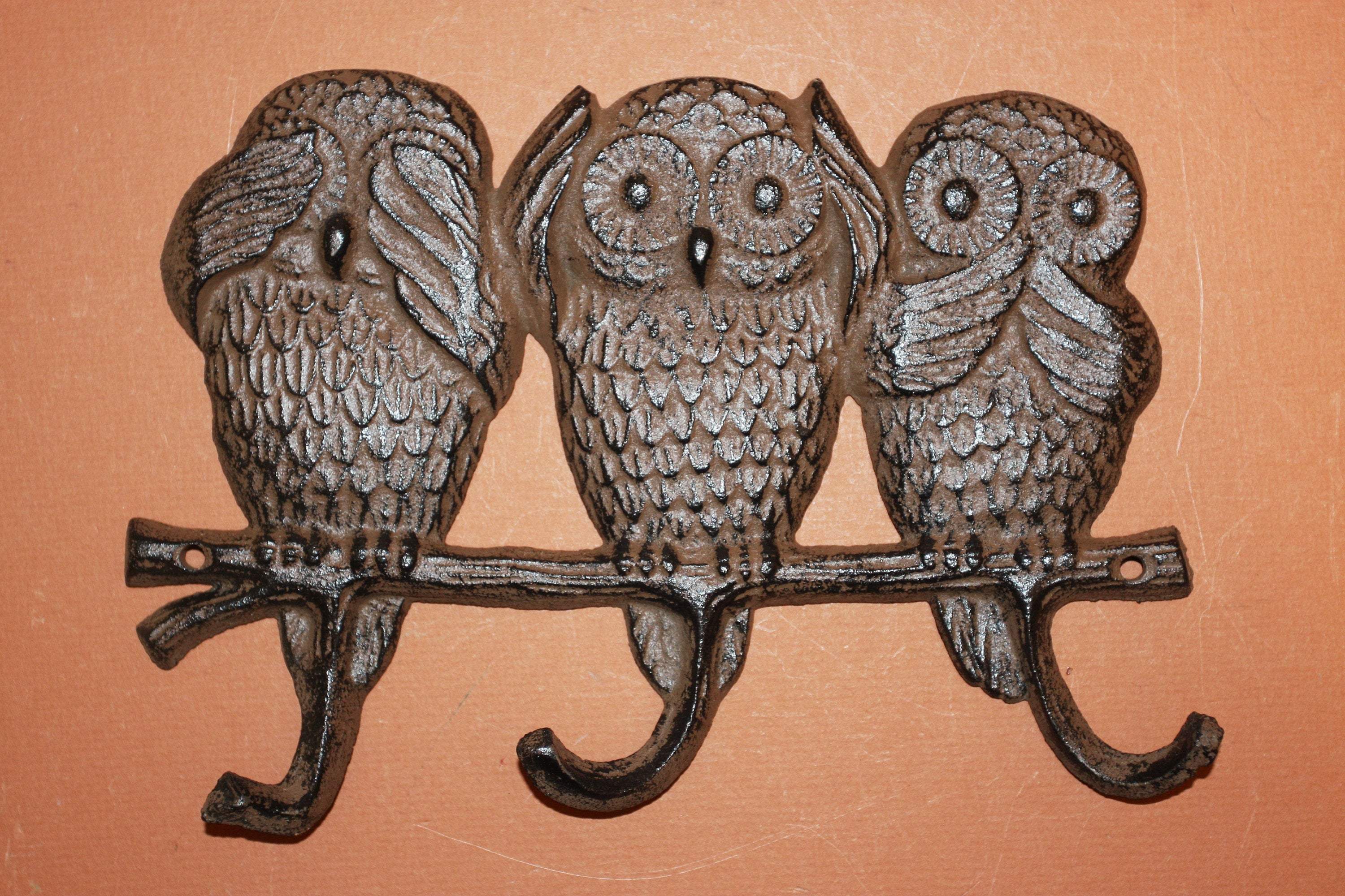 Owl Wall Hooks~ Hear No Evil, Speak No Evil, See No evil, cast iron 9&quot; wide, volume priced, H-13