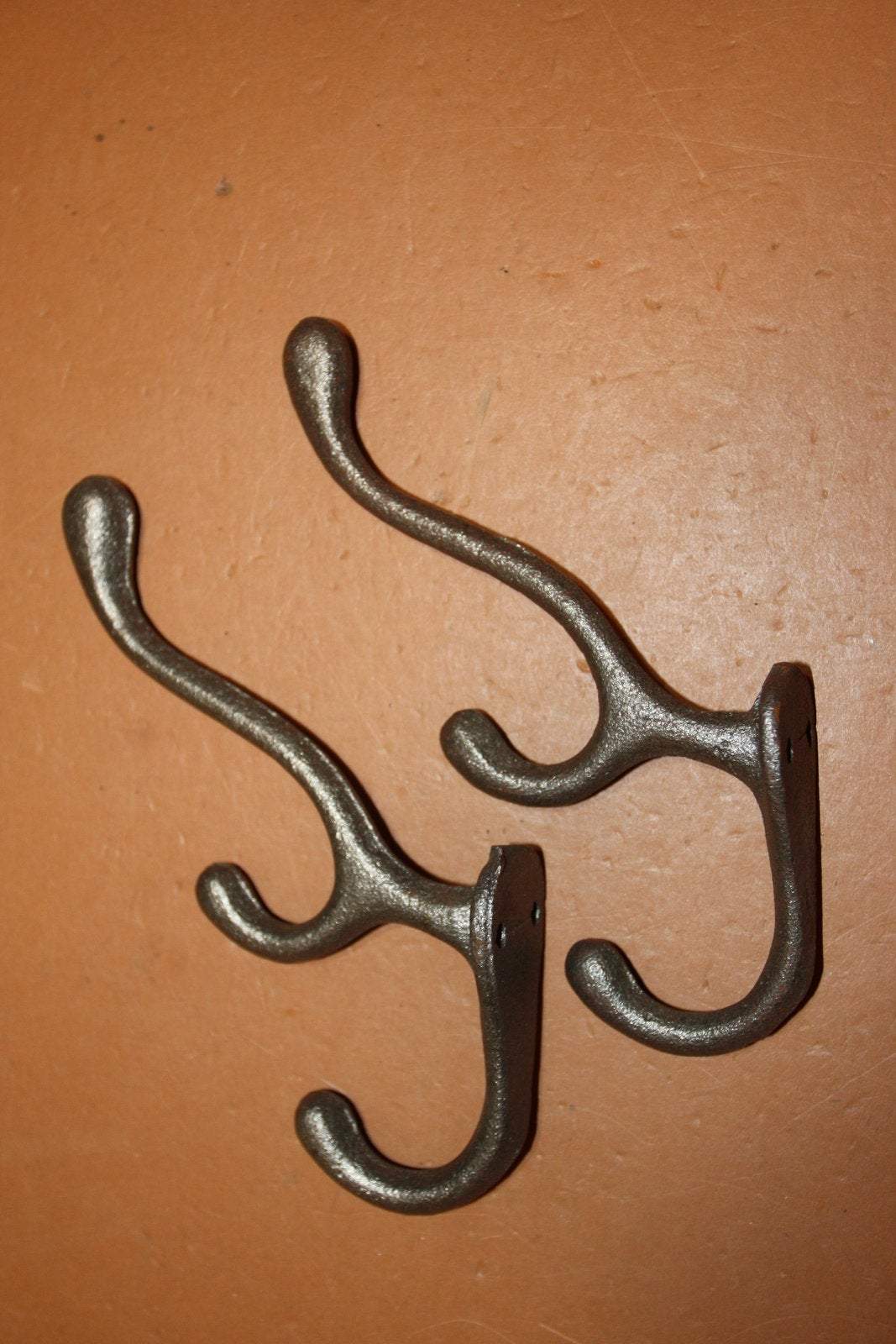 2) Americana Mudroom Coat Hat Hooks Triple Hook Design Solid Cast Iron 6 3/4&quot; tall  ~  H-15